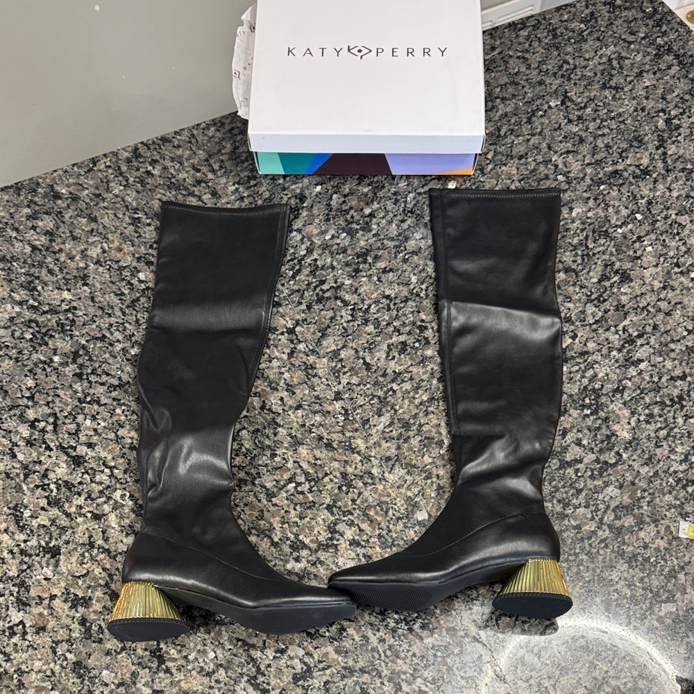 Katy Perry Clara Black square toe Over the Knee Boots with Gold Heel NEW